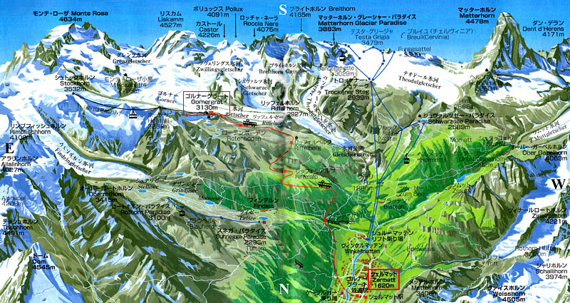 ツェルマット（1,620m）〜ゴルナーグラート（3,130m）周辺のイラストマップ