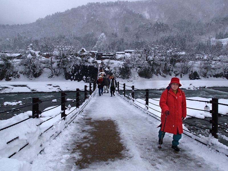 雪国の吊橋渡る人の群