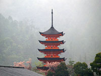 春雨に煙る厳島神社五重塔