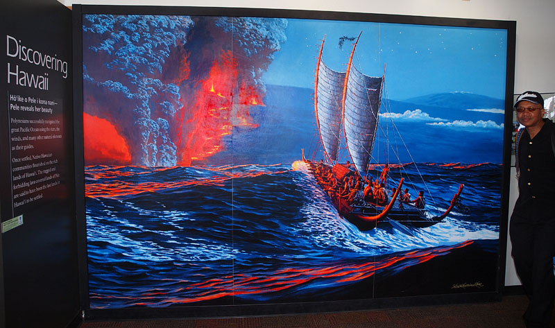 ポリネシア人によるハワイ発見の様子を想像したパネル/ジャガー・ミュージアム（ハワイ島）