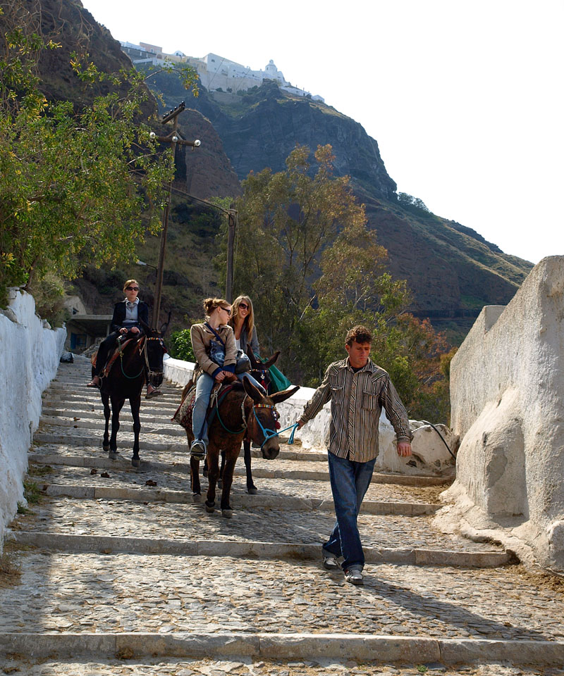 フィラの街から驢馬や馬でオールドポートに向かう観光客たち/サントリーニ島