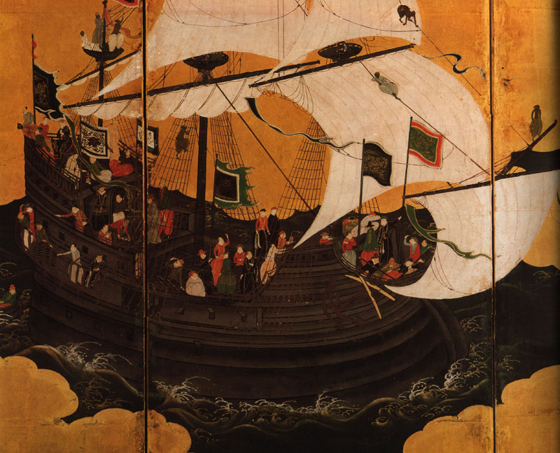 日本を訪れた南蛮船（16-17世紀、狩野内膳画「南蛮屏風」）