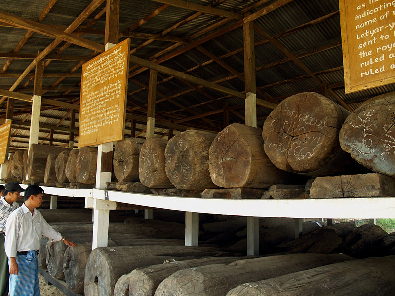 発掘された巨大な木造円柱（チーク材）