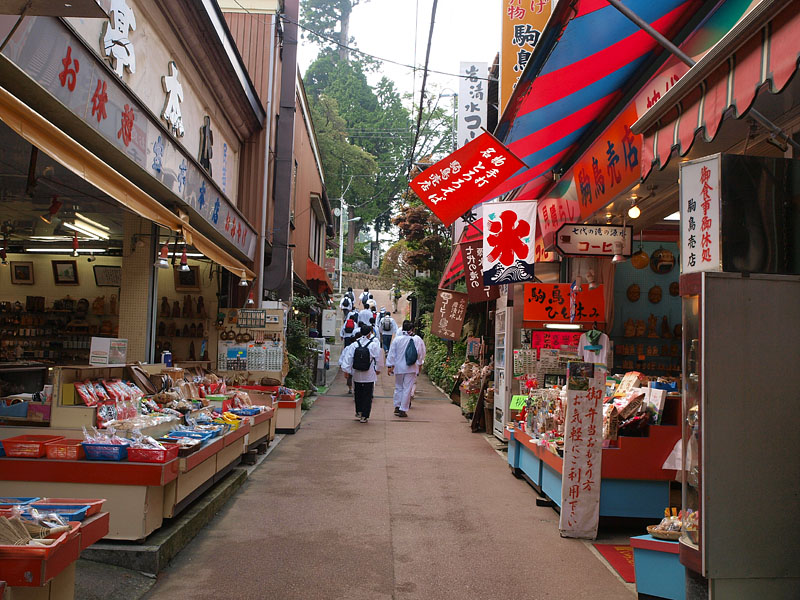 神代ケヤキがよく見える駒鳥売店（右）を通過/神社門前商店街