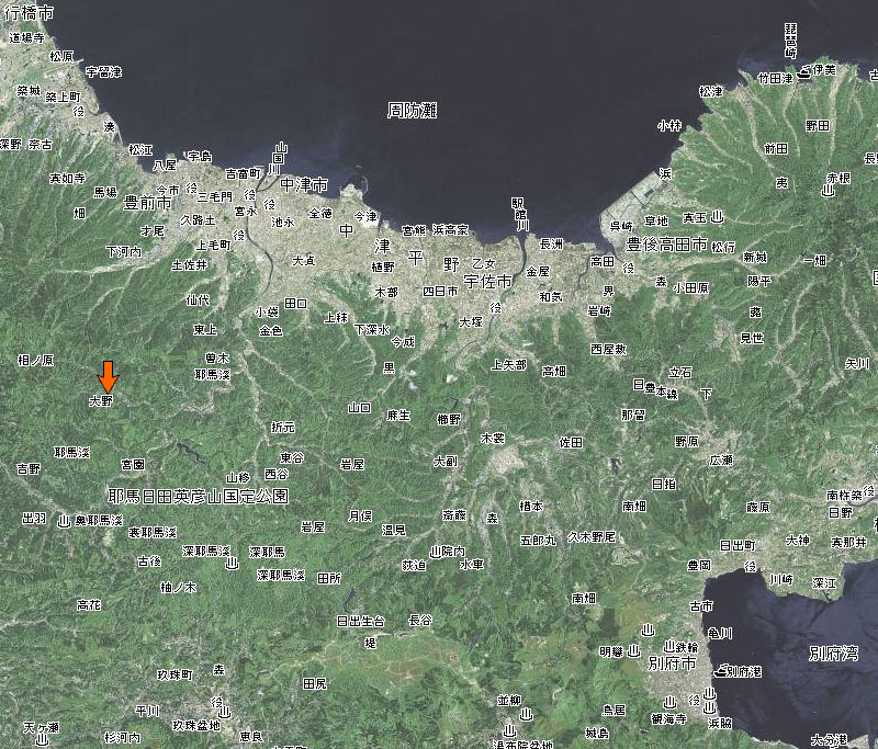 中津市耶馬渓町大野八幡神社の位置/衛星画像